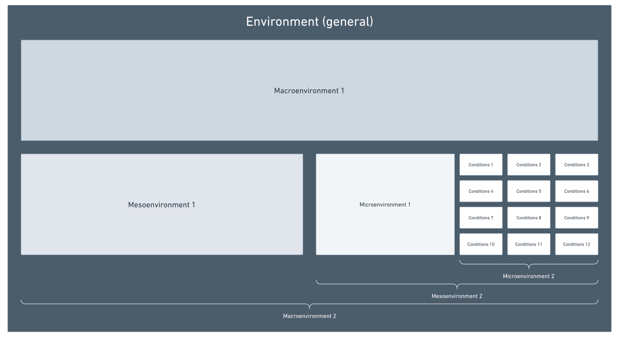 Environment (general) consists of macroenvironments, which consist of mesoenvironments, which consist of microenvironments, which consist of conditions and flows of reactions. Environment (general) consists of macroenvironments, which consist of mesoenvironments, which consist of microenvironments, which consist of conditions and flows of reactions.